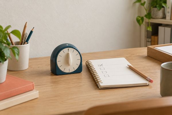Sur un bureau en bois clair, un minuteur de cuisine bleu pétrole au cadran sans chiffres, à côté d'un carnet à spirale ouvert sur une liste de cases dont la première est cochée, un crayon posé dessus.
