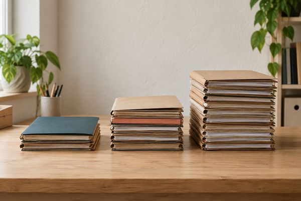 Sur un comptoir en bois clair, trois piles de dossiers cartonnés fermés, de plus en plus hautes de gauche à droite ; la plus basse est coiffée d'une chemise bleu pétrole.