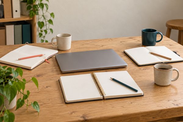 Une table d'atelier en bois après une séance de travail : trois carnets ouverts, chacun avec un crayon, trois tasses, dont une bleu pétrole, et au centre un ordinateur portable fermé.