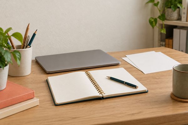 Sur un bureau en bois clair, un carnet à spirale ouvert et un stylo bleu pétrole, près d'un ordinateur portable fermé ; à côté, deux feuilles blanches posées l'une sur l'autre.