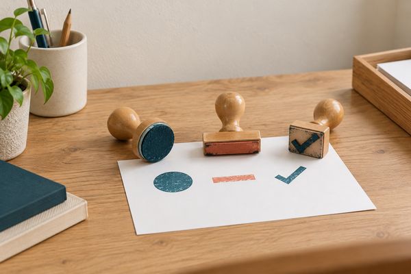 Trois tampons de bureau à manche en bois, derrière une feuille blanche qui porte leurs trois empreintes : un rond bleu pétrole, un trait corail et une coche bleu pétrole.
