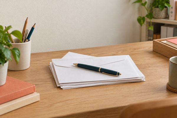 Sur un bureau en bois clair, une enveloppe blanche fermée posée sur une pile de feuilles blanches, un stylo bleu pétrole en travers.