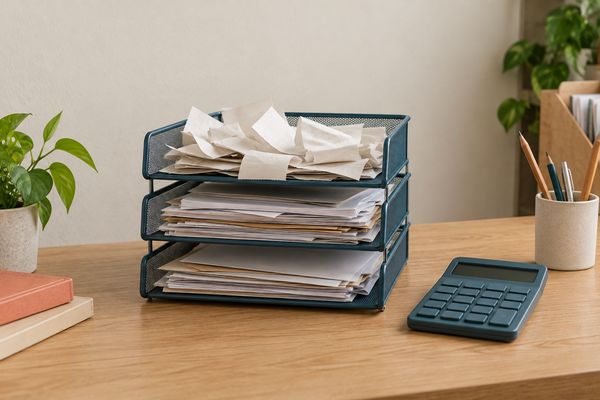 Trois bannettes de bureau empilées, en métal grillagé bleu pétrole, remplies de tickets de caisse et de papiers pliés ; à côté, une calculatrice bleu pétrole aux touches sans inscription.