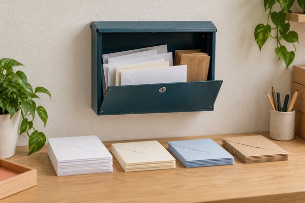 Une boîte aux lettres murale en métal bleu pétrole, ouverte et pleine d'enveloppes ; sur la tablette en dessous, quatre piles nettes d'enveloppes blanches, crème, bleu pâle et kraft.