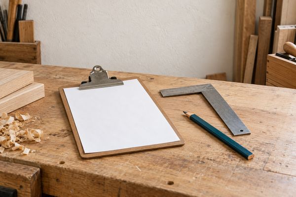 Sur l'établi usé d'un menuisier, parmi des copeaux, une planchette à pince tenant une feuille blanche, une équerre en métal et un crayon de menuisier bleu pétrole.