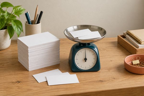 Sur un bureau en bois clair, une haute pile de cartes de visite vierges ; deux cartes posées sur le plateau d'une petite balance de cuisine bleu pétrole, trois autres à plat devant elle.