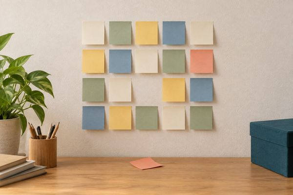 Sur un mur ivoire, une grille de notes autocollantes vierges de couleurs différentes avec une seule place vide ; la note manquante, corail, est posée sur le bureau en dessous.