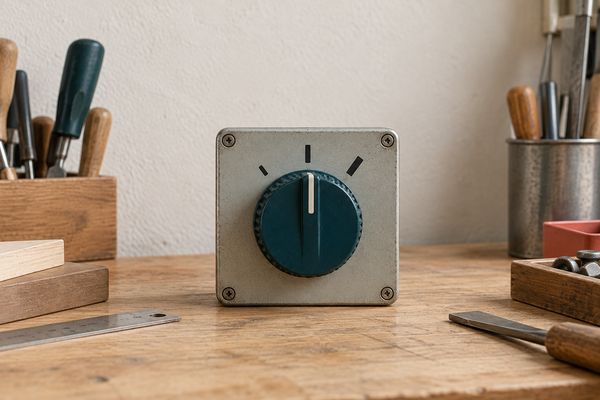 Sur un établi, le boîtier métallique d'une commande de machine : un gros bouton rotatif bleu pétrole entouré de trois crans de taille croissante, sans chiffres, le repère tourné sur le cran du milieu.