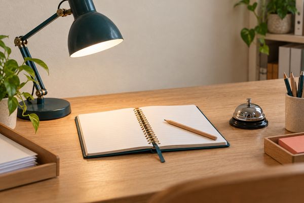 Sur un bureau en bois clair, un carnet à spirale ouvert sous une lampe de bureau articulée bleu pétrole allumée, un crayon posé dessus ; à côté, une sonnette de comptoir chromée.