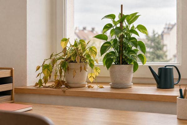 Sur le rebord d'une fenêtre, deux plantes en pot côte à côte : l'une retombe, jaunie, et perd ses feuilles ; l'autre, tuteurée, se tient droite et bien verte, près d'un arrosoir bleu pétrole.