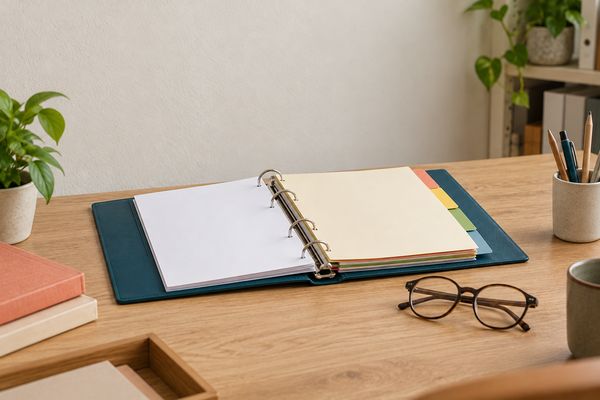 Sur un bureau en bois clair, un classeur à anneaux bleu pétrole ouvert, avec des intercalaires de couleur vierges, à côté d'une paire de lunettes de lecture.