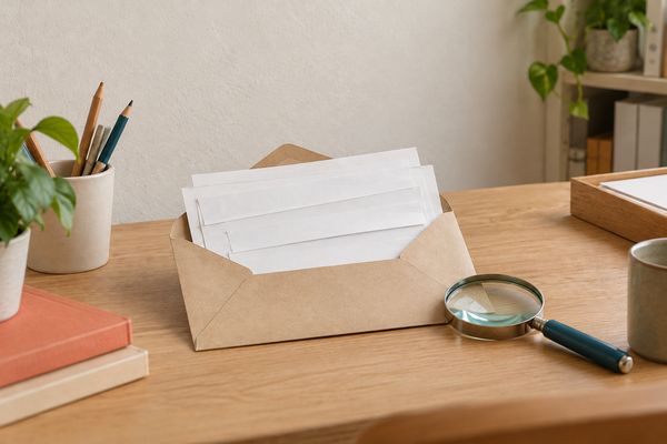 Une enveloppe kraft ouverte d'où dépassent des feuilles entièrement couvertes de bandes de papier blanc opaque, et une loupe au manche bleu pétrole posée à côté.