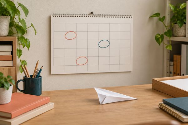 Au mur, un calendrier à spirale aux cases vides, sans chiffres, dont trois cases sont entourées au crayon, deux en corail et une en bleu pétrole ; sur le bureau en dessous, un avion en papier blanc.