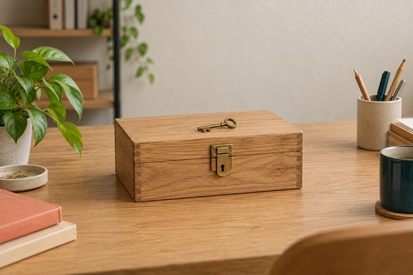 Sur un bureau en bois clair, une boîte en bois fermée par un fermoir en laiton, sa petite clé en laiton posée sur le couvercle.