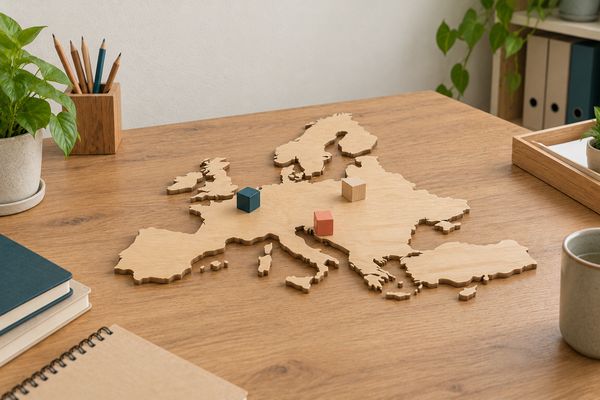 Posée à plat sur un bureau, une carte de l'Europe découpée dans du bois clair, sans frontières ni noms, avec trois petits cubes dessus : un bleu pétrole, un corail et un en bois naturel.