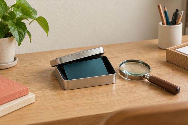 Dans une petite boîte en métal entrouverte, une carte bancaire bleu pétrole unie, sans inscription ni puce ; une loupe à manche en bois posée à côté.