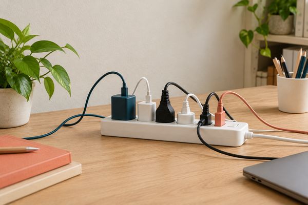 Sur un bureau en bois clair, une multiprise blanche où sont branchés des fiches et des chargeurs de formes et de couleurs différentes : bleu pétrole, blancs, noirs, corail.