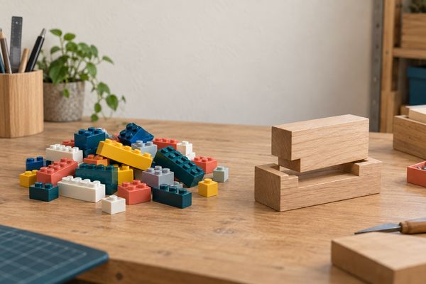 Sur un établi, d'un côté un tas de briques d'assemblage en plastique de toutes les couleurs ; de l'autre, une pièce de bois taillée sur mesure, emboîtée dans un support en bois.