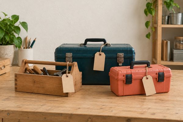 Trois boîtes à outils de tailles différentes, une caisse en bois ouverte, une grande mallette en métal bleu pétrole et une petite boîte en plastique corail, chacune avec une étiquette de prix vierge en carton attachée par une ficelle.