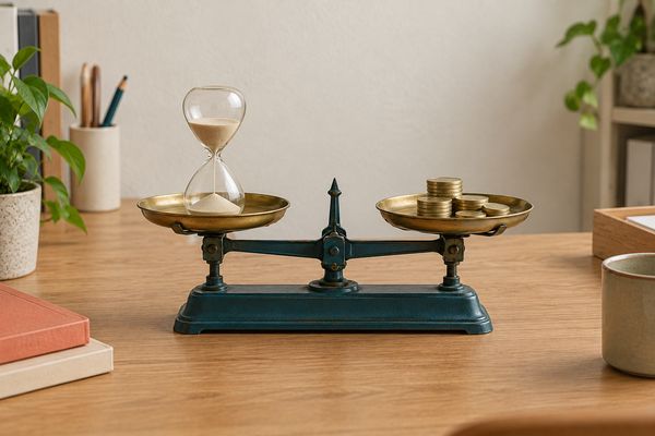 Une balance ancienne à deux plateaux en laiton, au socle bleu pétrole : un sablier sur un plateau, des piles de pièces de monnaie sur l'autre.