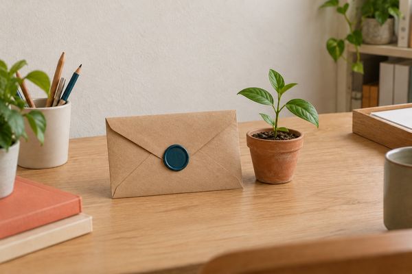 Sur un bureau en bois clair, une enveloppe kraft scellée d'un cachet de cire bleu pétrole uni, près d'une jeune pousse dans un petit pot en terre cuite.