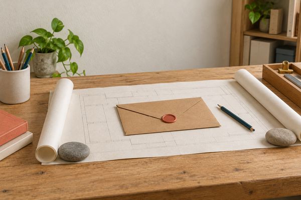 Sur un grand plan d'atelier déroulé, aux simples traits, maintenu à plat par deux galets, une enveloppe kraft scellée d'un cachet de cire corail et un crayon bleu pétrole.