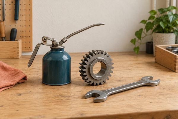 Sur un établi propre, une burette d'huile bleu pétrole, un engrenage en métal et une clé plate ; à gauche, un chiffon corail.