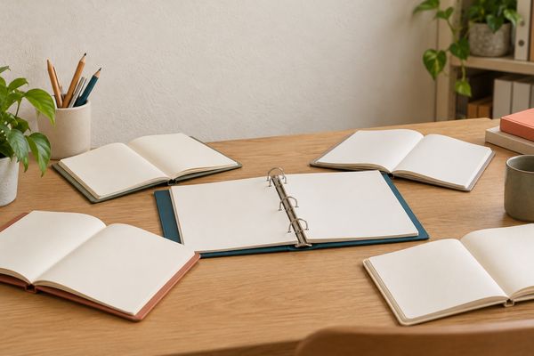 Sur une grande table en bois, quatre carnets ouverts aux pages blanches, éparpillés autour d'un classeur à anneaux bleu pétrole ouvert, encore vide.